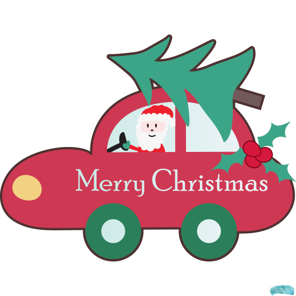 Free Santa Car with Merry Christmas Text, Christmas Tree and Holly Sublimation PNG